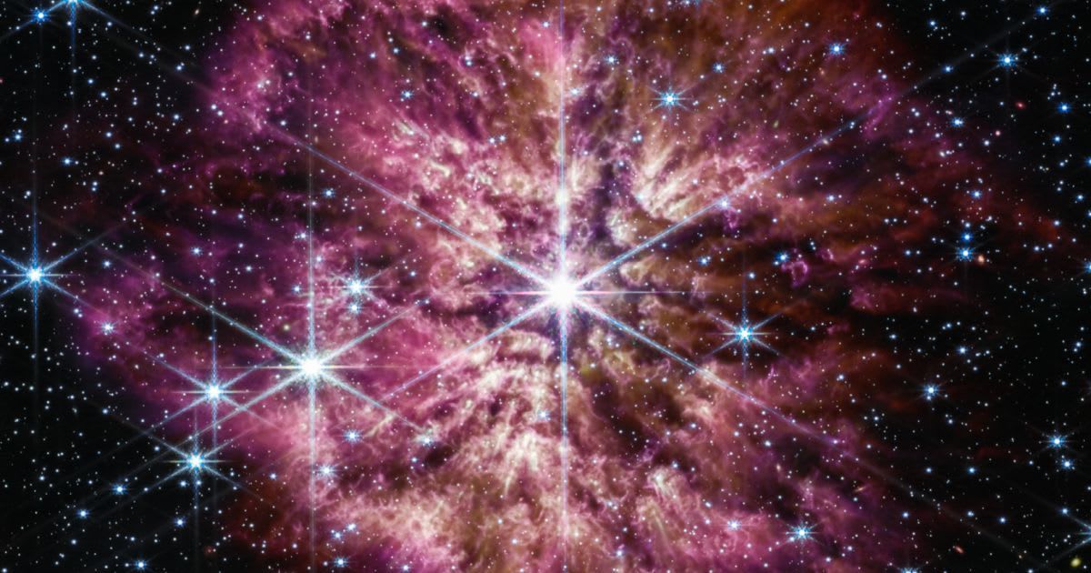 The luminous, hot star Wolf-Rayet 124 (WR 124) is prominent at the center of the James Webb Space Telescope’s composite image (Cover Image Source: NASA/ESA)