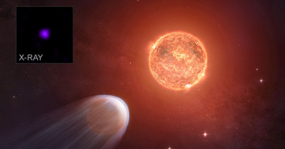This release features an artist's illustration of a Jupiter-sized planet closely orbiting a faint red star. An inset image, showing the star in X-ray light from Chandra (Cover Image Source: NASA/Chandra X-ray Observatory)