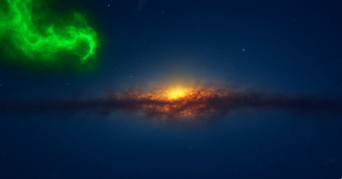Concept art of a high-velocity cloud with a complex internal structure. The green color represents the extremely high-velocity HI cloud (Representative Cover Image Source: SHAO)