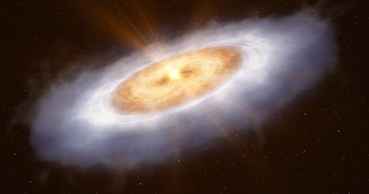 This artist’s impression shows the planet-forming disc around the star V883 Orionis (Representative Cover Image Source: ESO | L. Calçada)