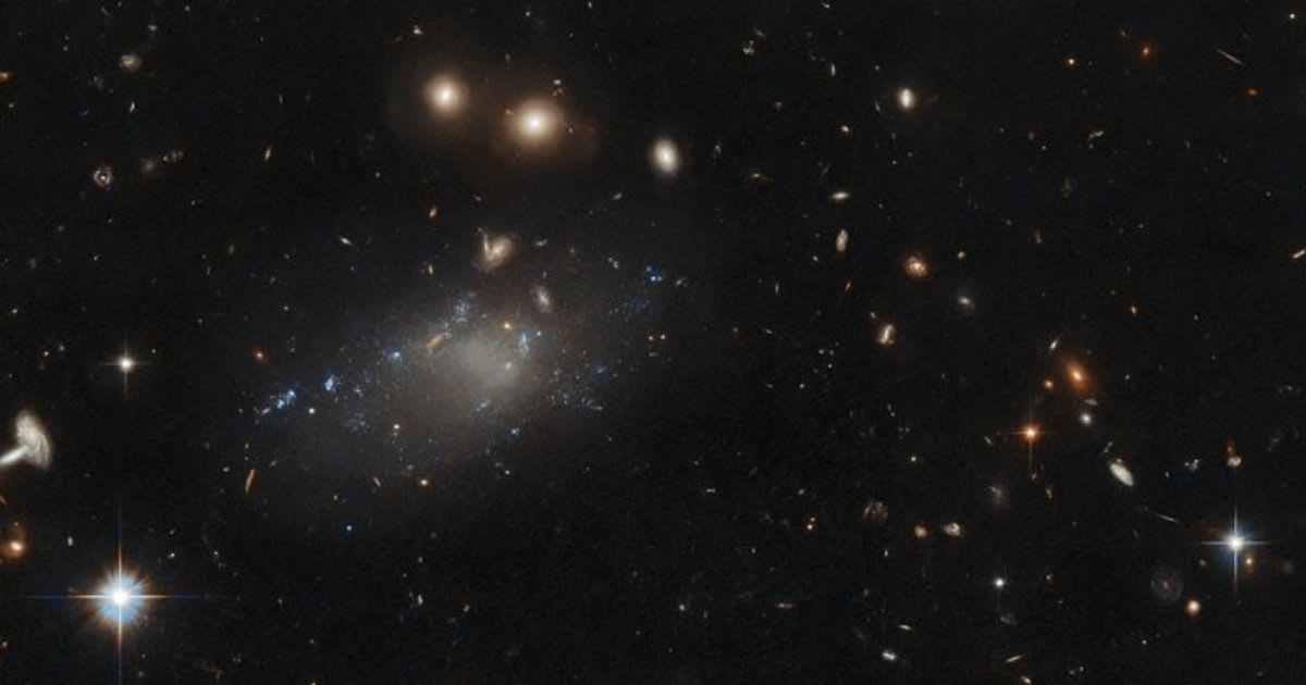 The ultra-diffuse galaxy GAMA 526784 appears as a tenuous patch of light in this image from the NASA/ESA Hubble Space Telescope (Cover Image Source: ESA/Hubble | R. van der Burg)
