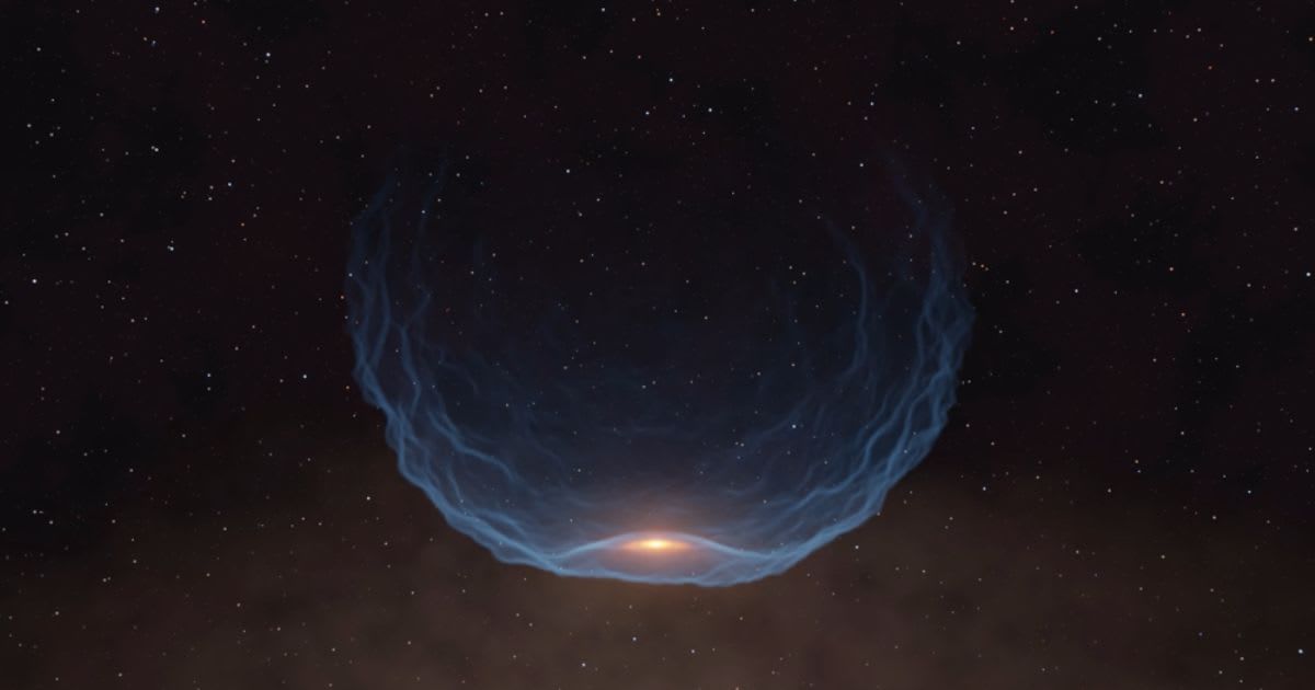 Artist’s impression of a protoplanetary disk distorted by a shock front created by an expanding bubble (Cover Image Source: YouTube | ALMA)