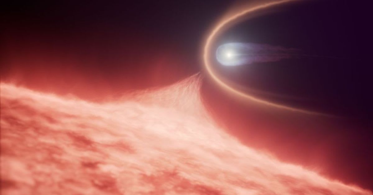 This is an illustration of a white dwarf star merging into a red giant star. A bow shock forms as the dwarf plunges through the star’s outer atmosphere (Cover Image Source: NASA, ESA, STScI | Ralf Crawford)