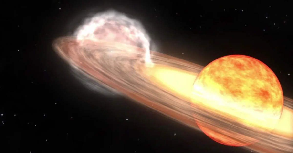 A red giant star and white dwarf orbit each other in this animation of a nova similar to T Coronae Borealis (Representative Cover Image Source: NASA/Goddard Space Flight Center)