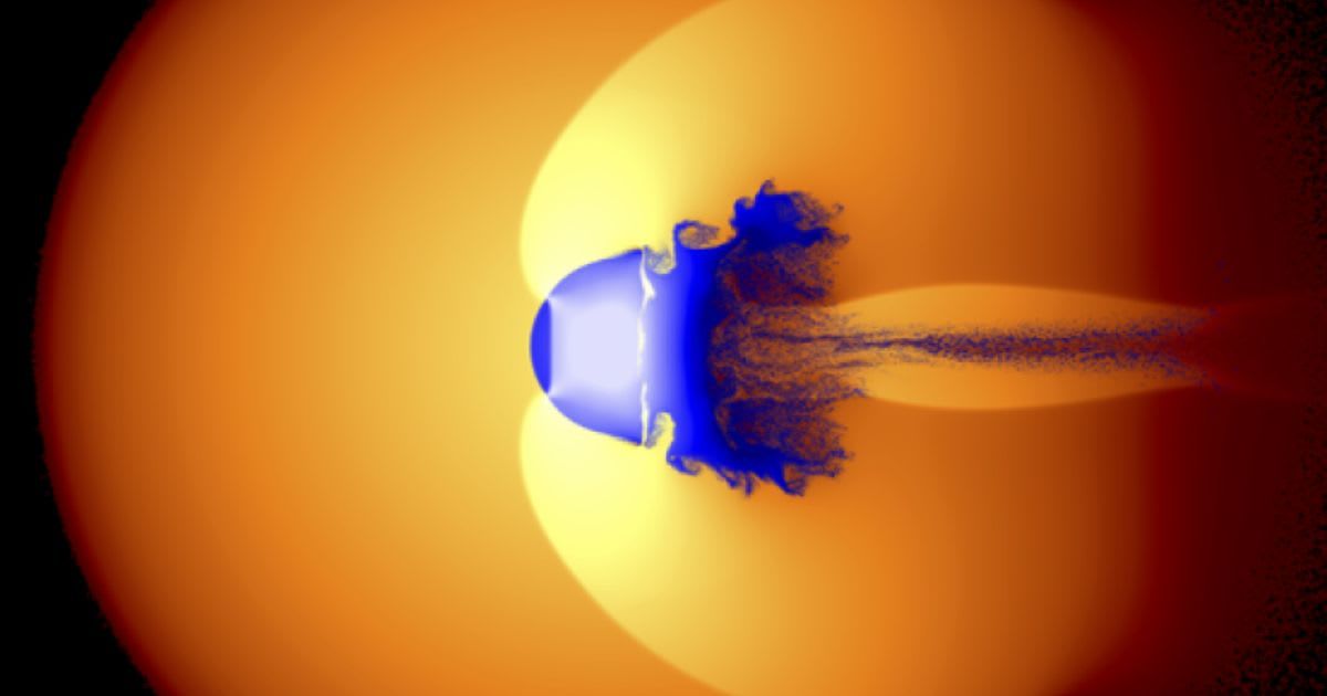An impacting planet collides with Jupiter's core in the simulations, triggering shock waves and turbulent mixing. (Cover Image Source: Durham University | Thomas Sandnes)