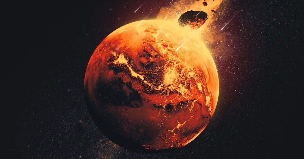 Artist’s concept of giant impacts that occurred on Mars 4.5 billion years ago, injecting debris from the impact deep into the planet’s mantle. (Cover Image Source: NASA | Photo by NASA / JPL-Caltech)