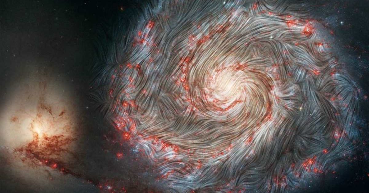 The magnetic field in the Whirlpool Galaxy (M51), measured by the NASA SOFIA infrared observatory, superimposed on a Hubble telescope picture of the galaxy. (Credit: NASA)