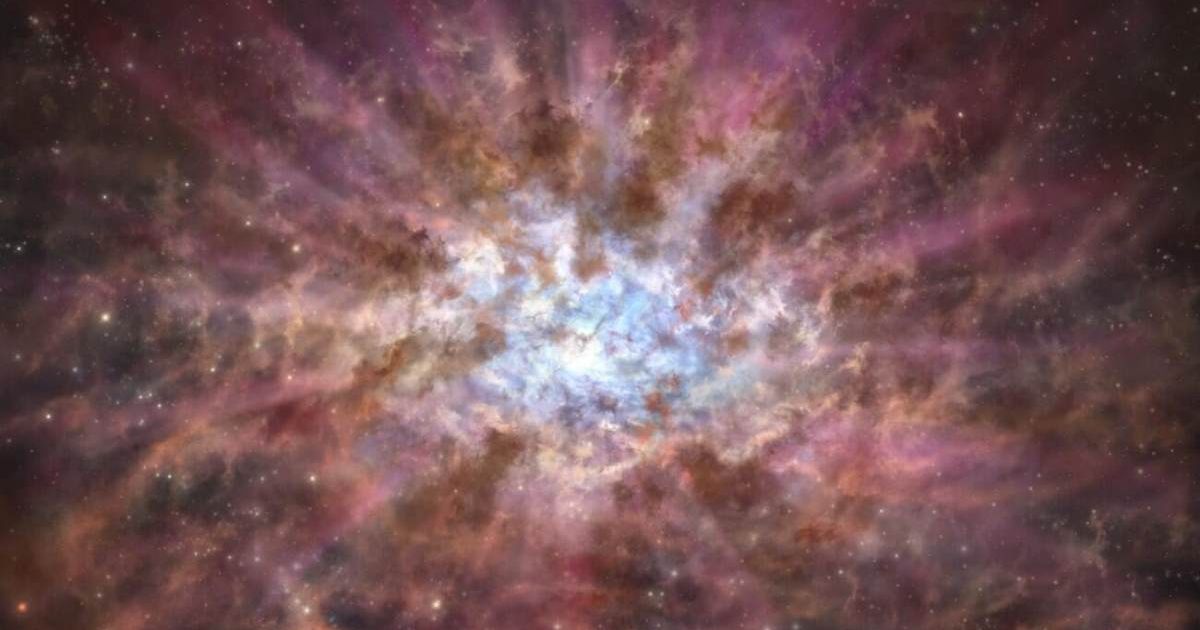 An artist’s impression of a dust-shrouded quasar in the early Universe. (Cover Image Source: NAOJ)
