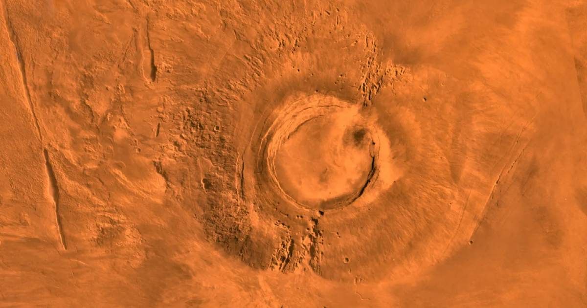 This digital-image mosaic of Mars’ Tharsis plateau shows the extinct volcano Arsia Mons (Cover Image Source:  NASA/JPL/USGS)