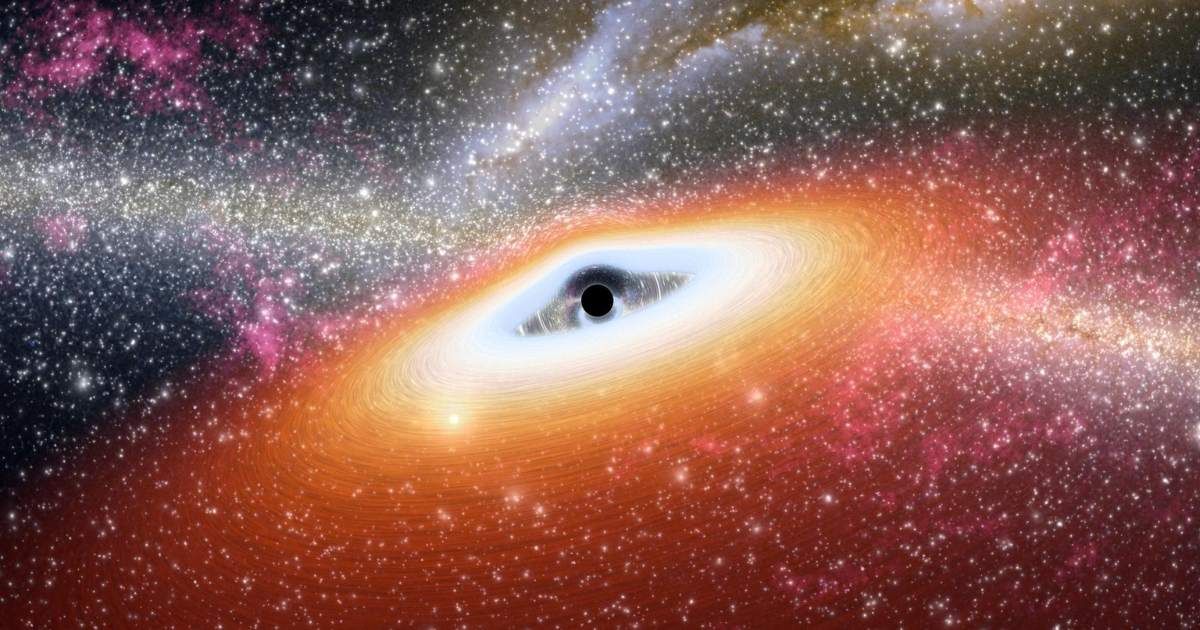 This artist conception illustrates one of the most primitive supermassive black holes known central black dot at the core of a young, star-rich galaxy (Representative Cover Image Source: NASA/JPL-Caltech)