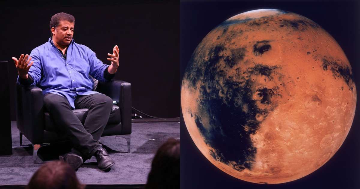 (L) Neil deGrasse Tyson speaks onstage at the "Nat Geo Further Base Camp" (R) A mosaic of the Schiaparelli Hemisphere of the planet Mars (Cover Image Source: Getty | (L) Joe Scarnici | (R) Space Frontiers)
