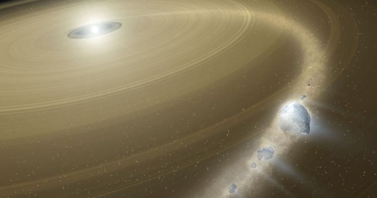 This artist’s concept shows a white dwarf surrounded by a large debris disk. Debris from pieces of a captured, Pluto-like object is falling onto the white dwarf (Cover Image Source: NASA | Tim Pyle)