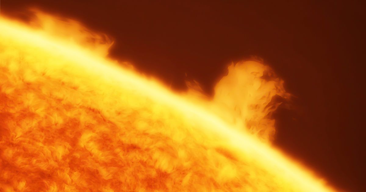 Close-up of the Sun showcasing its dynamic surface with solar flares and prominences, captured in H-alpha light (Representative Cover Image Source: Getty | Javier Zayas Photography)