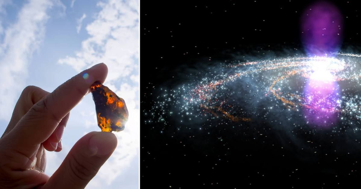 (L) A person holding a rough amber stone in the rays of the sun. (R) Giant gamma-ray bubbles in the Milky Way galaxy. (Cover Image Source: Representative left image by Mariya Borisova via Getty and right image by NASA Goddard)