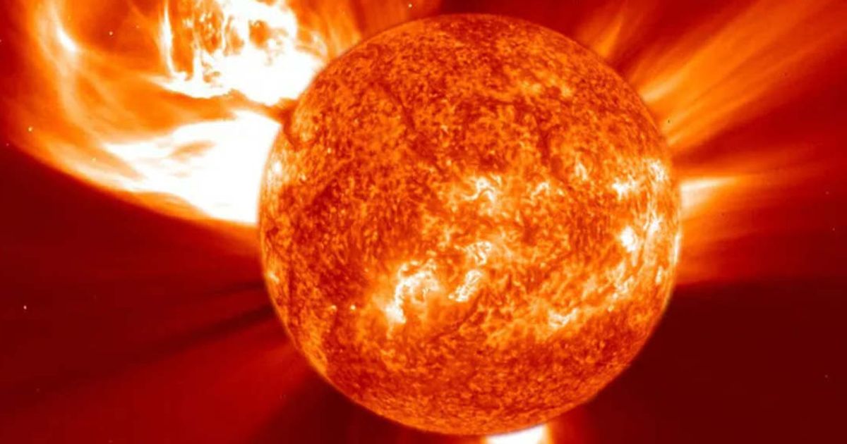 In this composite image of a coronal mass ejection, a SOHO/EIT image of the Sun taken in extreme ultraviolet light at about the same time (January 4, 2002) has been enlarged and superimposed on a coronagraph image. (Image Credit: NASA/ESA/SOHO)