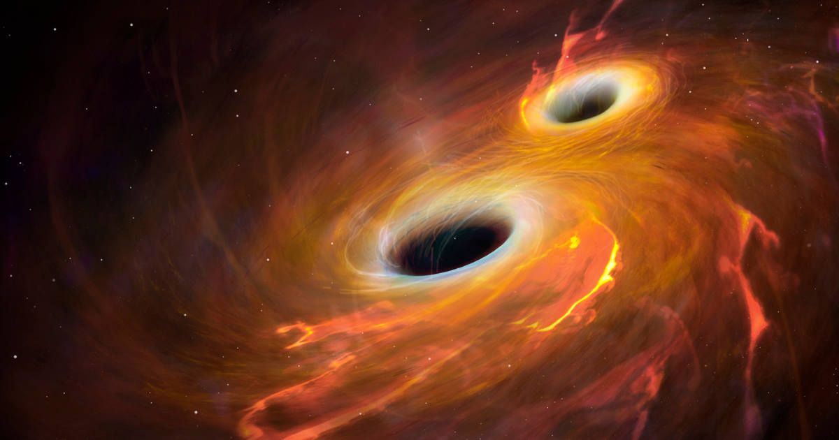 Illustration of two black holes orbiting each other in a combined accretion disc (Representative Cover Image Source: Getty | MARK GARLICK/SCIENCE PHOTO LIBRARY)