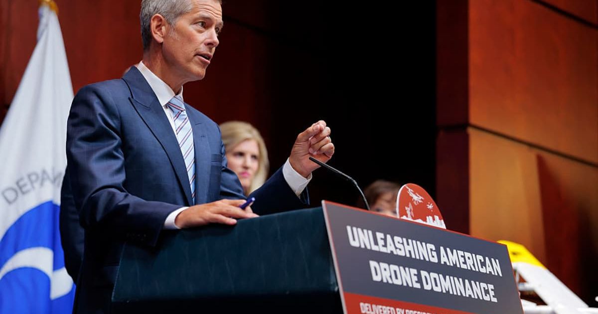 U.S. Transportation Secretary Sean Duffy speaks at a news conference on drone safety at the Department of Transportation Headquarters on August 05 (Cover Image Source: Getty | Anna Moneymaker)