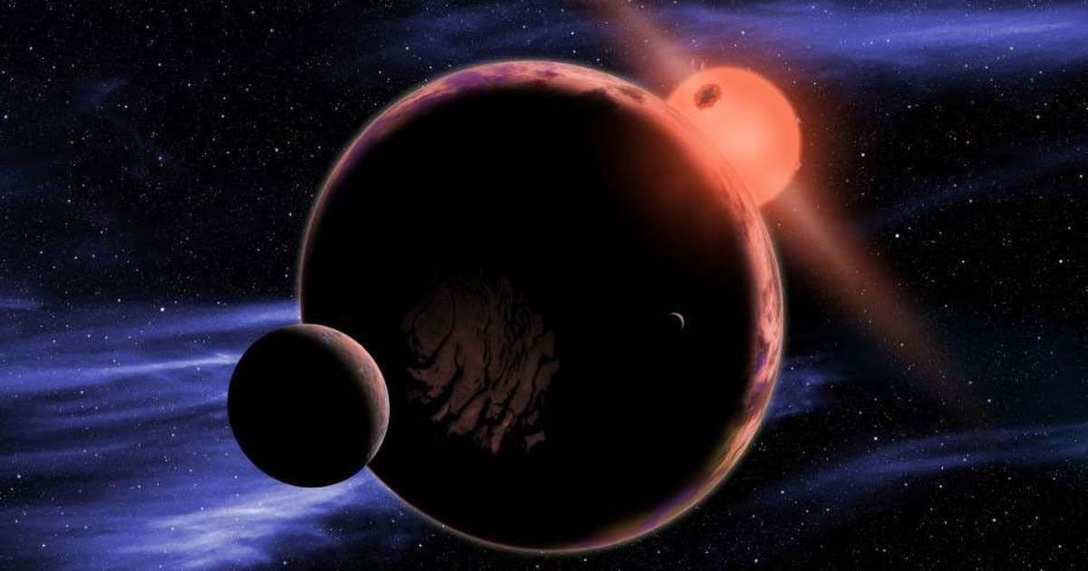 The artist's conception shows a hypothetical planet with two moons orbiting in the habitable zone of a red dwarf star (Representative Cover Image Source: NASA)