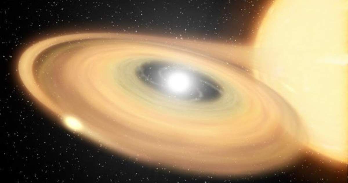 The binary star V Sagittae contains a white dwarf that stealing material from a larger companion star as the two spiral in toward each other (Cover Image Source: NASA/JPL-Caltech)