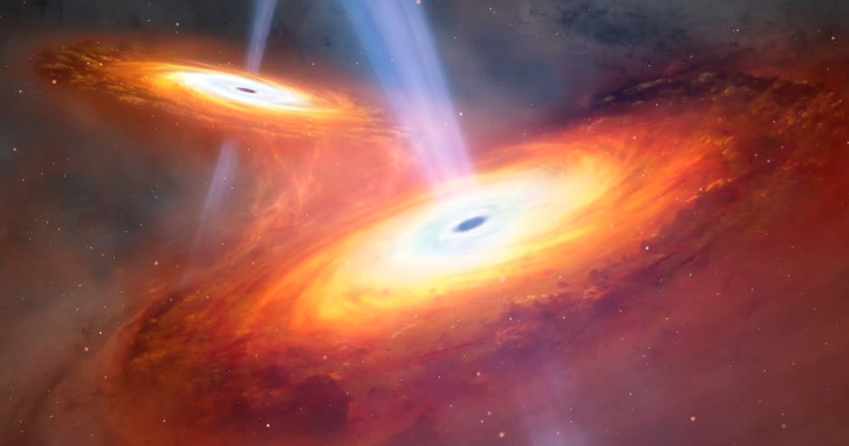 From a NOIRLab press release, for which this image was commissioned. The scene depicts quasars that are poised to merge, after their respective host galaxies have collided. (Cover Image Source: MARK GARLICK/SCIENCE PHOTO LIBRARY)