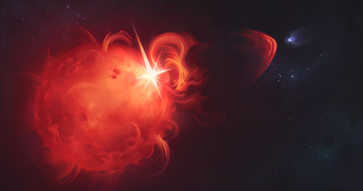 An artist’s impression of a large red star releasing a bright, explosive burst of light. Swirling red and orange patterns surround the star, suggesting intense activity (Representative Cover Image Source: ESA)