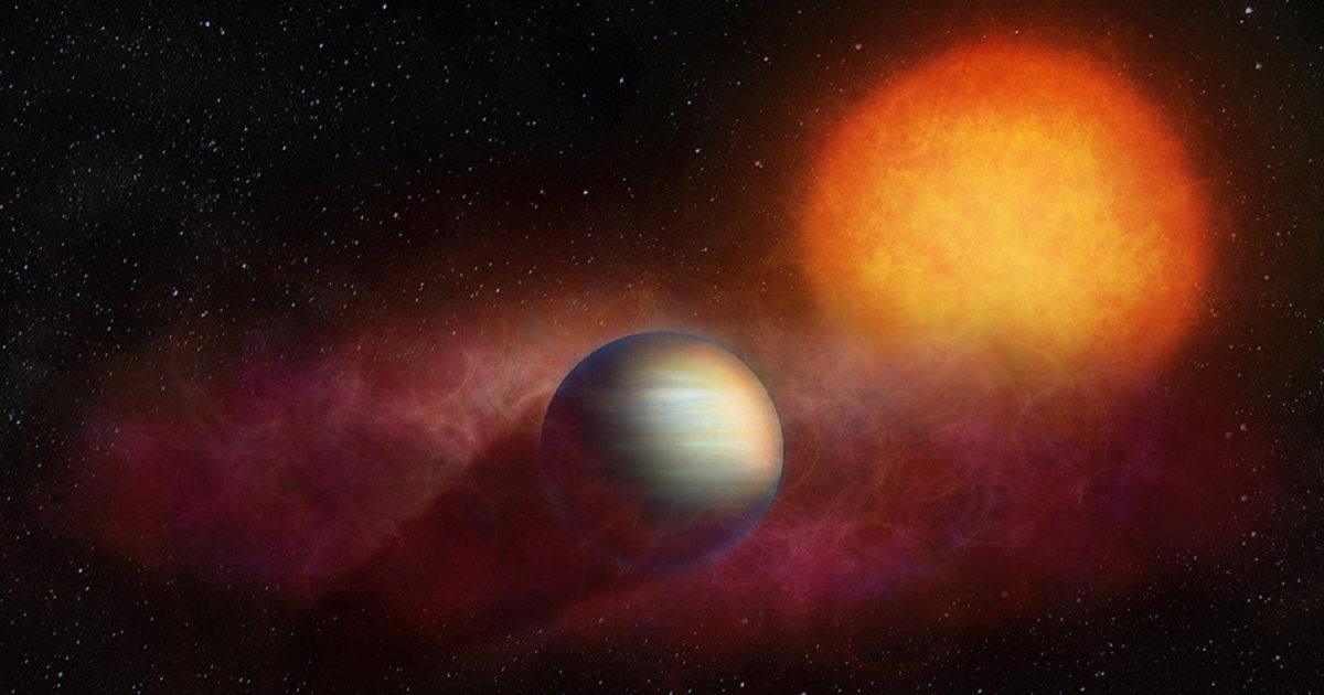 An artist's impression of helium escaping from WASP-107b. (Image edited by Starlust staff) (Representative Cover Image Credit: University of Geneva/NCCR PlanetS/Thibaut Roger)