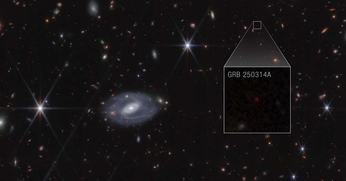 The gamma-ray burst GRB 250314A. (Cover Image Source: NASA, ESA, CSA, STScI, A. Levan/IMAPP, Image Processing: A. Pagan/STScI)