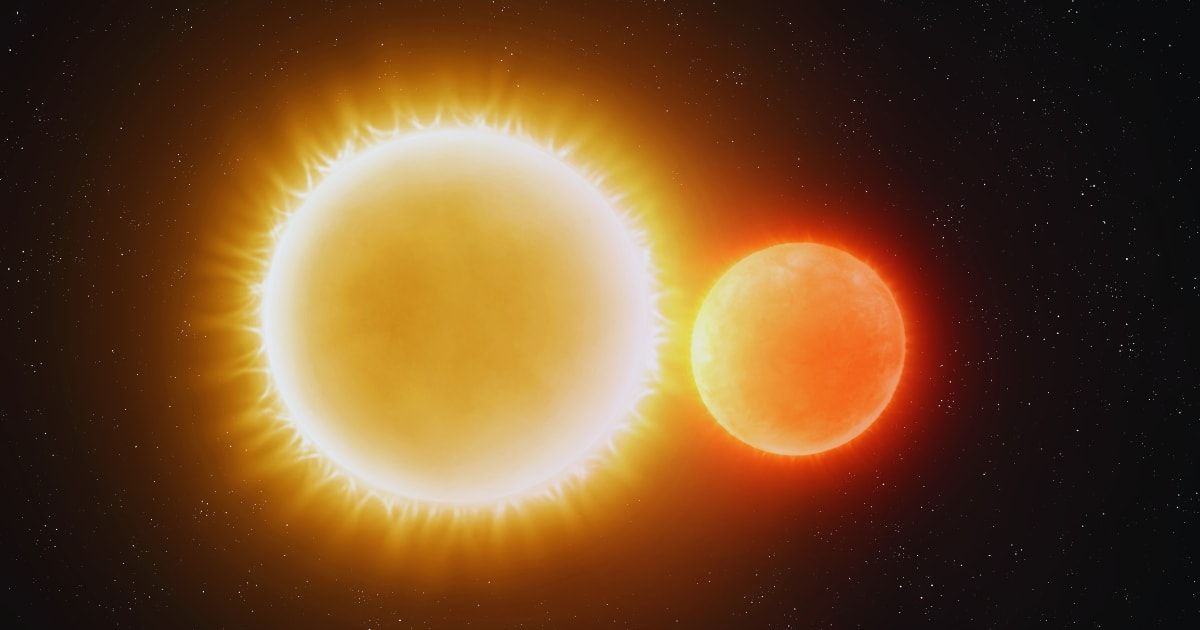 Approach of two stars. Close binary star system. The big sun pulls the smaller star with its powerful gravity.. (Representative Cover Image Source: Getty Images | Nazarii Neshcherenskyi)