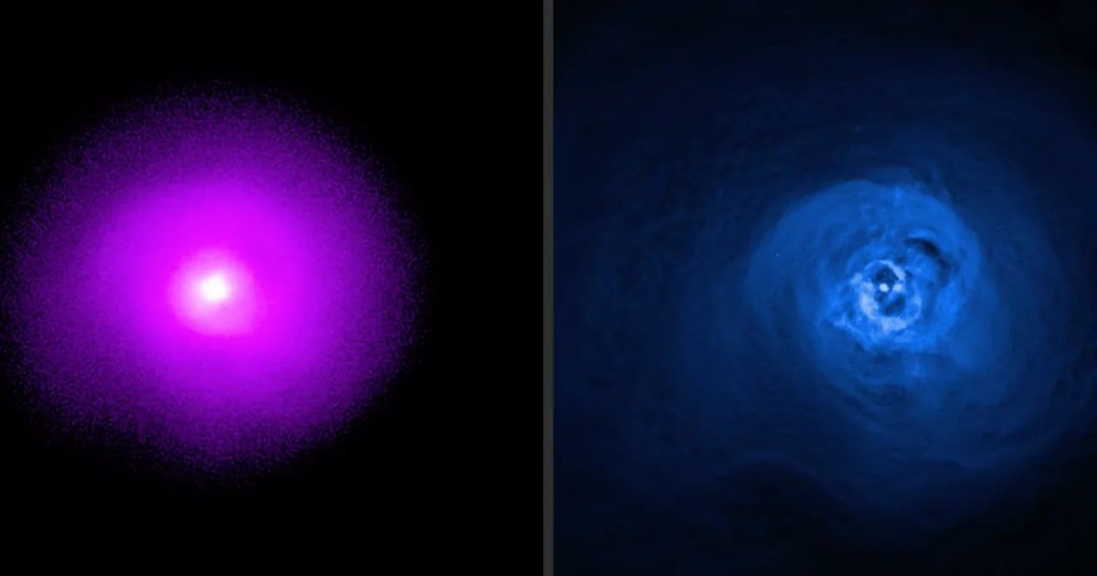 Two composite images show side-by-side observations of the Perseus Cluster from NASA’s IXPE (Imaging X-Ray Polarimetry Explorer) and Chandra X-ray Observatory (Cover Image Source:  NASA/CXC/SAO, (IXPE) NASA/MSFC)