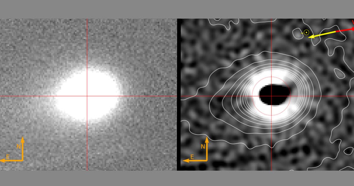 Image of interstellar comet 3I/ATLAS. The original image is shown on the left, and the same image after processing to enhance the structures of the inner coma is shown on the right (Cover Image Source: TTT (Light Bridges)/IAC)