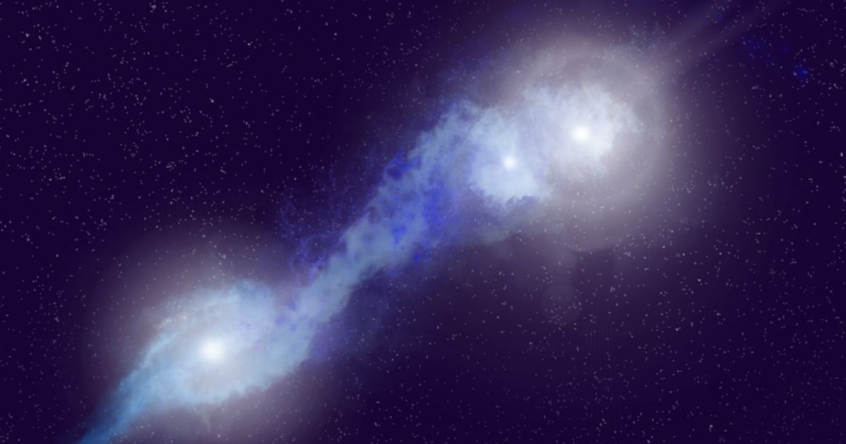 Artist's impression of a rare triple radio AGN, J1218/1219+1035 (Representative Cover Image Source: NSF/NRAO | Photo by NSF/AUI/NSF NRAO/P. Vosteen)