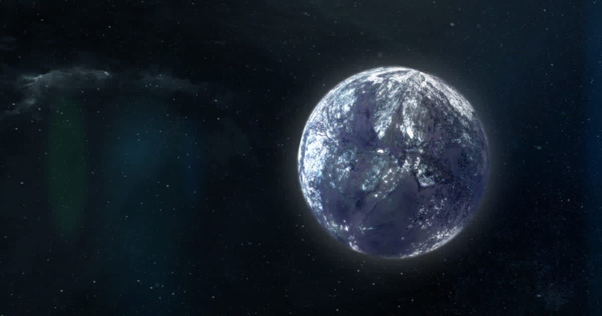 An artist’s concept shows an ice-encrusted, Earth-mass rogue planet drifting through space alone (Cover Image Source: NASA’s Goddard Space Flight Center)