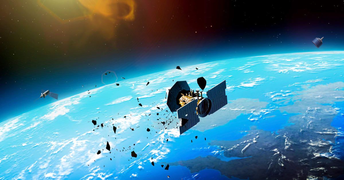The artwork shows a satellite damaged by an impact with debris, with a flare encroaching from top left (Representative Cover Image Source: Getty | MARK GARLICK/SCIENCE PHOTO LIBRARY)