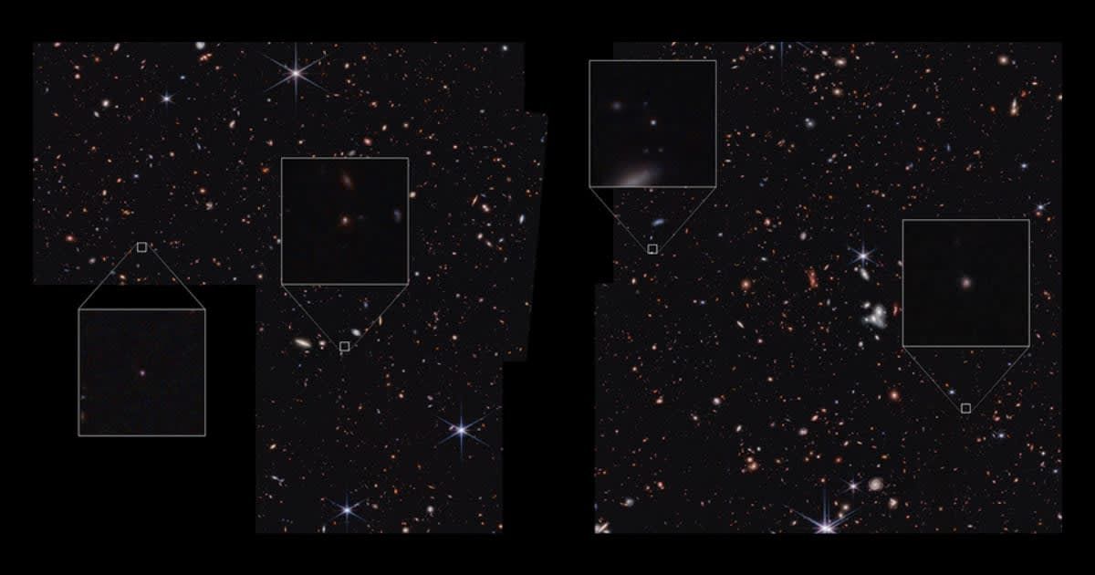 Four of the nine galaxies in the newly identified “platypus” samples discovered in NASA’s James Webb Space Telescope’s Cosmic Evolution Early Release Science Survey (CEERS) (Cover Image Source: NASA, ESA, CSA, Steve Finkelstein)
