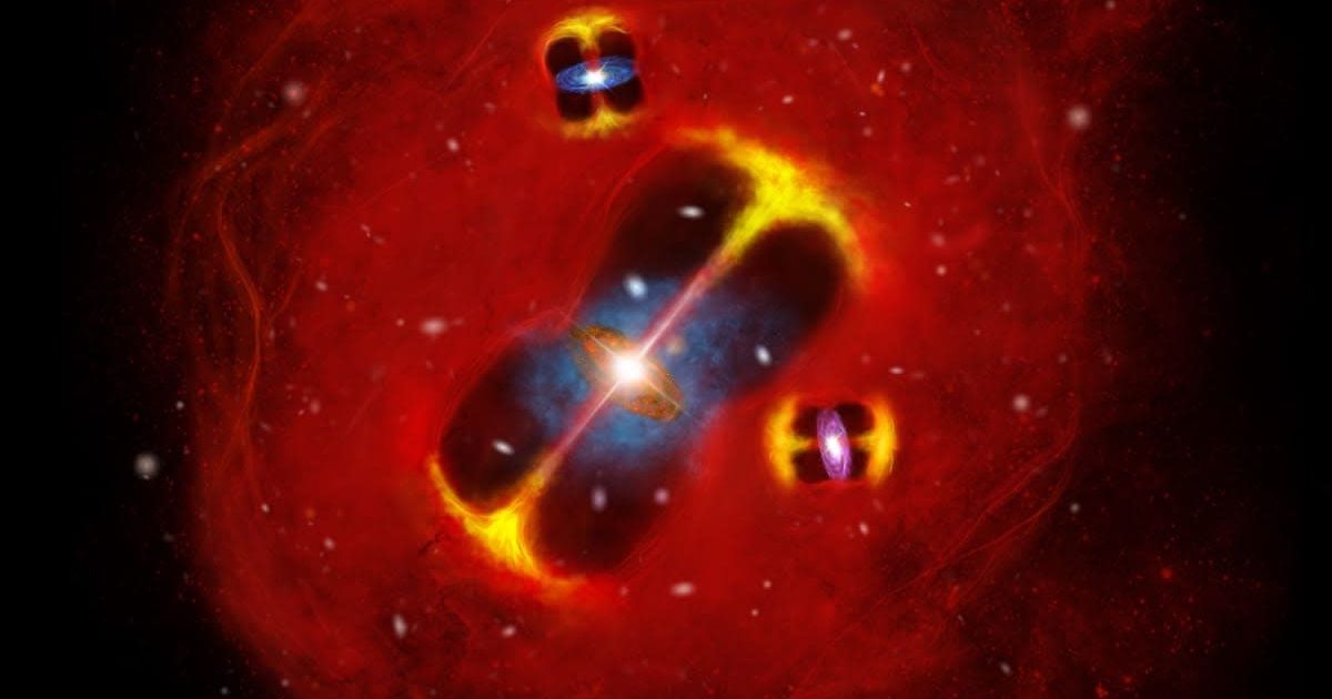 Artist’s impression of a forming galaxy cluster in the early universe. (Representative Cover Image Source: Lingxiao Yuan)