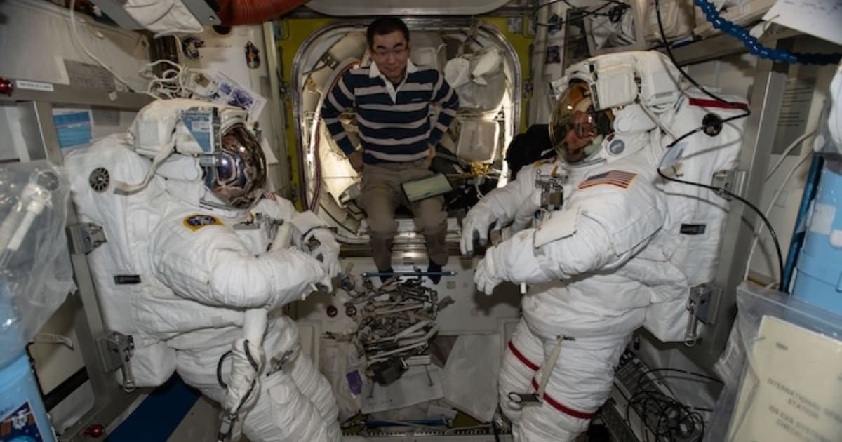 Kimiya Yui assists NASA astronauts during spacesuit checks inside the International Space Station (Representative Cover Image Source: NASA)