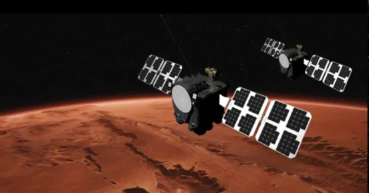 Illustration of the twin ESCAPADE spacecraft orbiting Mars. (Cover Image Source: NASA)