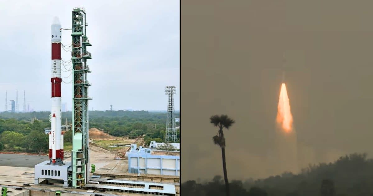 (L) ISRO's PSLV rocket ahead of the launch of the PSLV-C62/EOS-N1 mission. (R)The PSLV rocket in the sky a few seconds after the launch. [Cover Image Source: (L) Image shared by ISRO; (R)Screenshot fromPSLV-C62 Live Launch Coverage| ISRO)