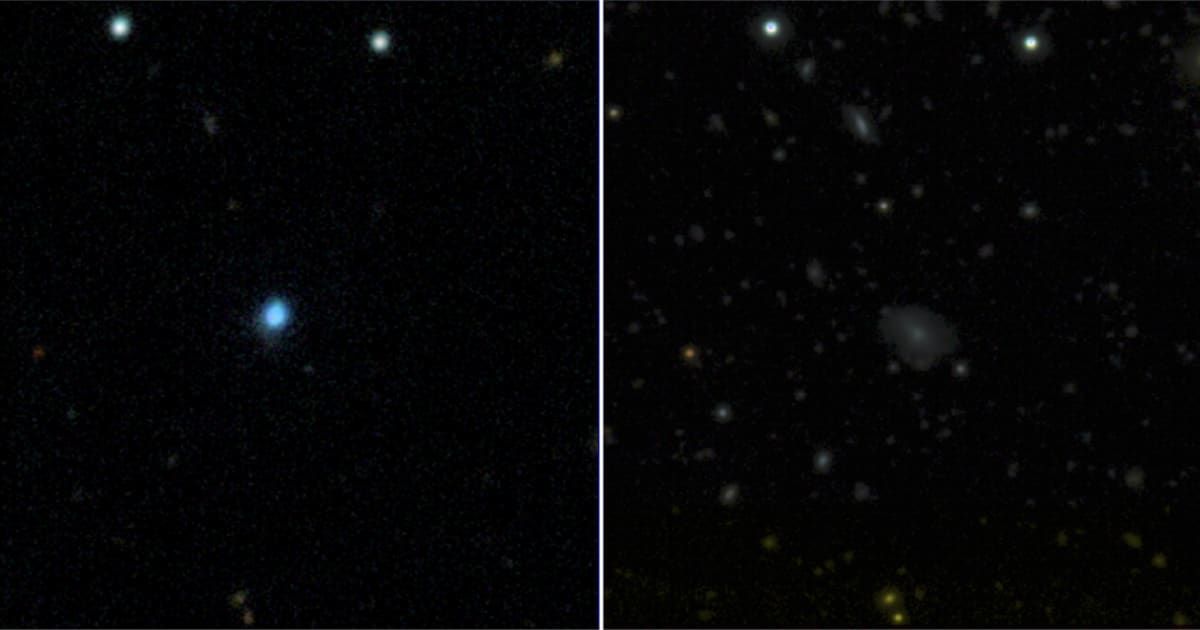 A new, extremely LFBOT AT2024wpp, flares as a bright blue point of light in the left panel, while the right panel shows the same region of sky after the outburst faded (Cover Image Source: Astrophysics Research Institute)
