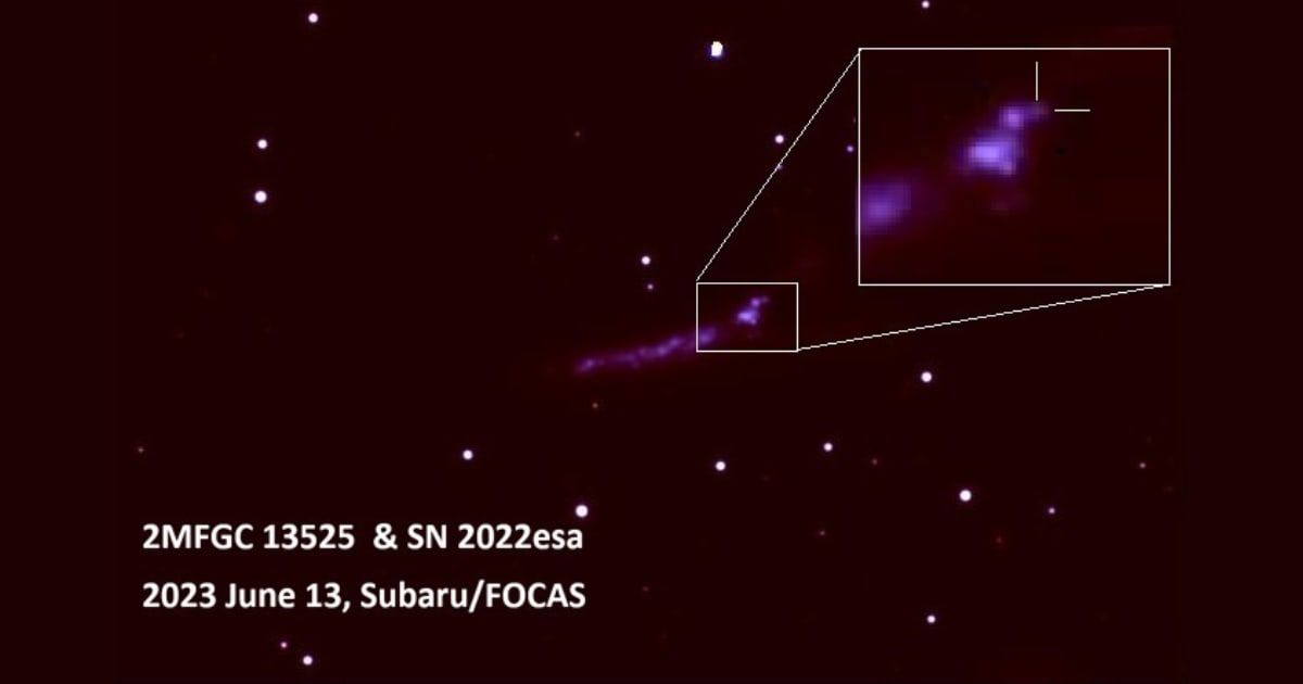 The image of the supernova SN 2022esa (marked by the cross) with its host galaxy, 2MFGC 13525, taken by the Subaru telescope on 2023 June 13 (Cover Image Source: KyotoU / Keiichi Maeda)