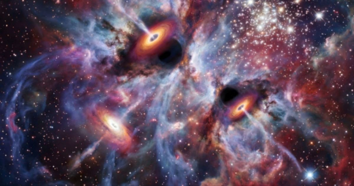 Computer visualization showing baby black holes growing in a young galaxy from the early universe. (Representative Cover Image Source: Maynooth University)