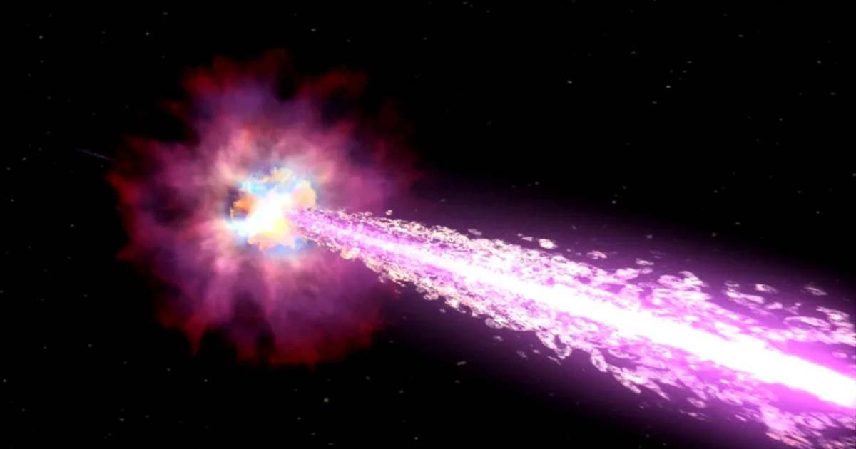 As a high-mass star explodes in this artist’s concept, it produces a jet of high-energy particles. We see GRBs when such gets point almost directly at Earth. (Representative Cover Image Source: NASA/Swift/Cruz deWilde)