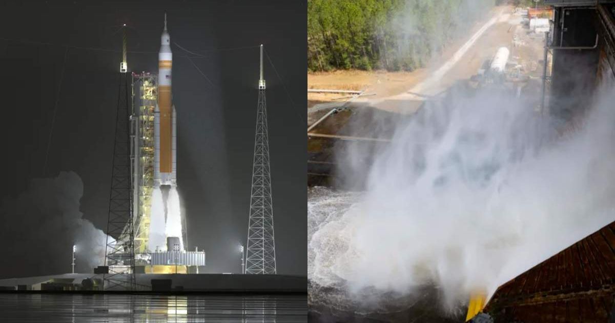 (Left) Artist’s concept of the Block 1B crew configuration of NASA’s SLS rocket. (Image Source: NASA) (Right) NASA completes a water system activation milestone at the Thad Cochran Test Stand (B-2). (Image Source: NASA/Danny Nowlin)