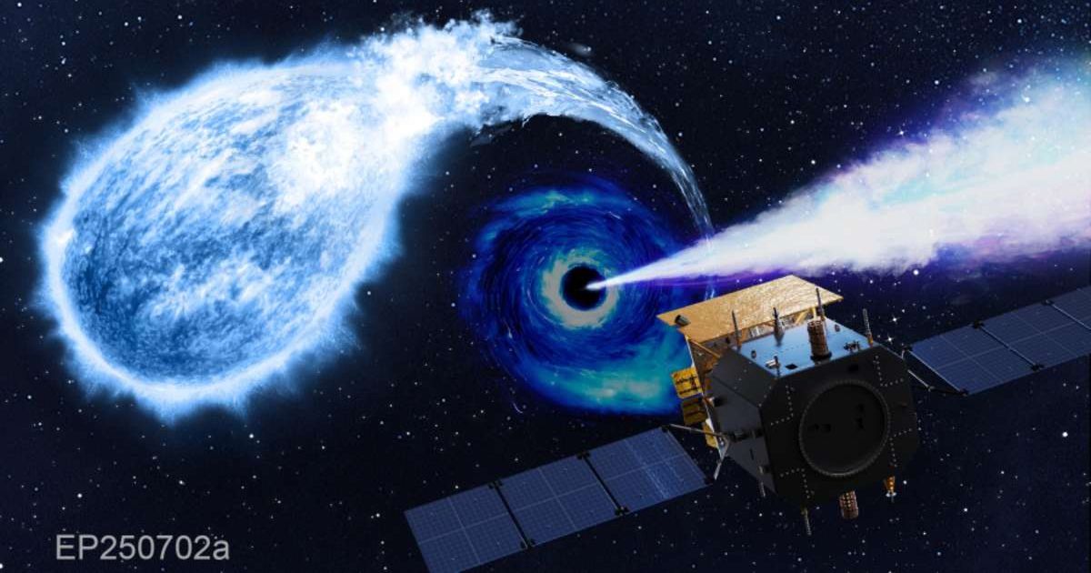 Artist's impression of the Einstein Probe satellite catching an intermediate black hole tearing apart a white dwarf. (Representative Cover Image Source: Einstein Probe Science Center, National Astronomical Observatories, CAS / Sci Visual.)