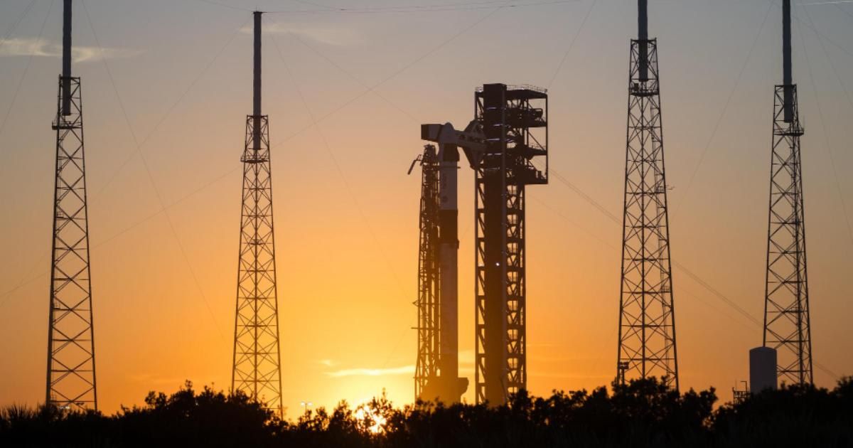 A SpaceX Falcon 9 rocket with its Dragon spacecraft is seen at sunset at SLC 40 as preparations continue for the Crew-12 mission, Tuesday, Feb. 10, 2026, at Cape Canaveral Space Force Station in Florida. (Cover Image Source: NASA/Aubrey Gemignani)