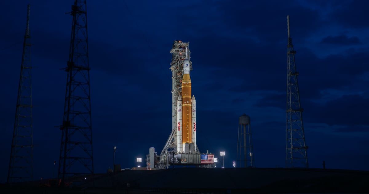 Lights illuminate NASA’s Artemis II SLS (Space Launch System) rocket and Orion spacecraft at Launch Complex 39B at NASA’s Kennedy Space Center in Florida on January 18, 2026. (Cover Image Source: NASA | Brandon Hancock)