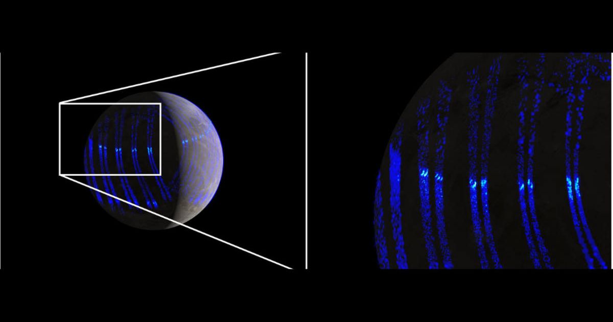Artistic views of the ultraviolet aurorae on Ganymede, based on Juno's close-up observations from July 7, 2021. (Representative Cover Image Source: NASA/JPL- Caltech/SwRI/UVS/ULiège/Gusbin/Bonfond; Image edited by Starlust staff)