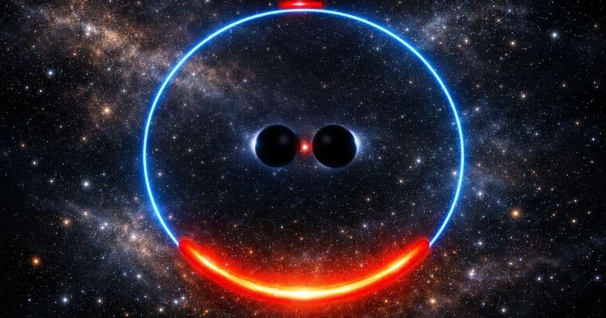Artistic impression of gravitationally lensed starlight (orange) by a supermassive black hole binary. (Representative Cover Image Source:  Physics simulation enhanced using AI)