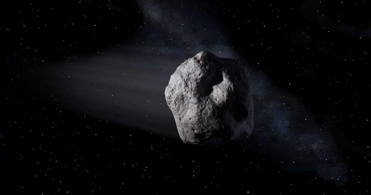 Artist’s illustration of a rocky asteroid traveling through space with a faint dust trail against a star-filled background. (Representative Cover Image Source: NASA/JPL-Caltech)