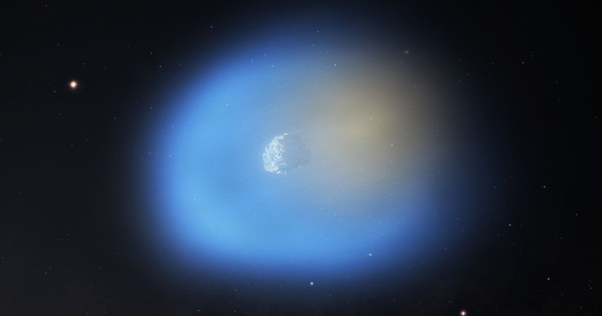 Artist’s impression of 3I/ATLAS passing near the Sun. Methanol gas (blue) with icy dust appears on the sunlit side, while hydrogen cyanide (orange) is shown on the dark side. (Representative Cover Image Source: NSF/AUI/NSF NRAO/M. Weiss)